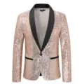 Men's rose gold sequin blazer with black shawl lapel single button party suit jacket - S / Champagne