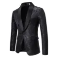 Men Black Floral Jacquard Shawl Lapel Single Button Blazer Jacket Stylish Formal Outerwear - S / Black