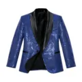 Giacca Blazer Paillettes Blu Uomo Collo Scialle Nero Un Bottone Giacca Da Festa Top - Blu