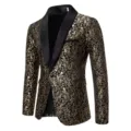 Close-up of men's black gold jacquard blazer detail showcasing the elegant shawl lapel design. - S / Gold
