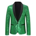 Green sequin blazer detail, black shawl lapel and pocket trim, shiny party jacket close-up. - S / Green