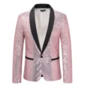 Pink sequin blazer detail featuring black shawl lapel, single button closure and soft lining. - S / Pink