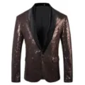 Men's shimmering sequin blazer with black satin shawl lapel, stylish party suit jacket. - Coffee