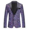 Dettagli in primo piano dei motivi di paillettes colorate e dell'elegante colletto a scialle. - Taglia S / Quadri Viola Blu