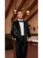 Men's black velvet blazer suit jacket with white shirt and bow tie for wedding party. - XXS / Black