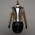 Men gold sequin tailcoat suit for party stage performance night club fashion wear. - Gold