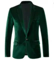Men's dark green velvet blazer jacket, single button lapel formal suit coat for spring. - Green
