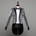 Silver sequin tuxedo tailcoat detail view, showing exquisite sequin texture and classic cut. - S / White