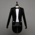 Details of the mens black sequin tailcoat tuxedo jacket featuring formal party performance design. - S / Black