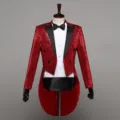 Men's Red Sequin Tailcoat Tuxedo Stage Performance Jacket Party Prom Dinner Suit - S / Red
