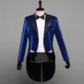 Men's royal blue sequin tailcoat tuxedo jacket with black satin lapel for party stage show. - S / Blue