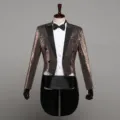 Men sparkle sequin tailcoat tuxedo jacket stage performance party prom formal suit outfit - Champagne