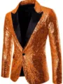 Men's orange sequin blazer jacket with black lapel, stylish party stage performance wear. - Orange