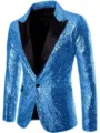 Men blue sequin blazer party suit jacket with black lapel single button stage performance wear - Sky Blue