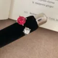 Korean style colorful zircon open ring, exquisite double stone silver fashion jewelry variant. - Rose Red White Rhinestone