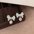 Mint green bow crystal stud earrings, sweet dangling heart rhinestone jewelry for women. - Princess Heart Bow (VX1) / Mint Green