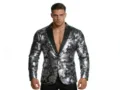 Close-up detail of men's silver paisley sequin suit blazer, elegant satin lapel texture. - S / Silver