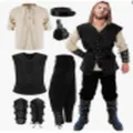 Ensemble de costume de la Renaissance médiévale pour homme, chemise de pirate, gilet, pantalon. - S / Ensemble / Pantalon Noir + Top Kaki + Gilet Noir + Sac + Ceinture + Bracelets