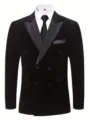 Men's Black Velvet Double Breasted Suit Jacket Classic Tuxedo Blazer for Wedding Party - S / Black