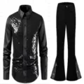 Men's black sequin shirt and matching flare pants detail, stylish stage dance costume set. - S / Top And Bottom / Black