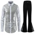 Detail view of the silver sequin patchwork long sleeve shirt and black bell bottom pants set. - Silver