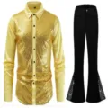 Men gold sequin long sleeve shirt and black flare pants set for stylish nightclub dance wear. - S / Top And Bottom / Gold