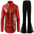 Men red sequin long sleeve shirt and black bell bottom pants stage dance costume set. - S / Top And Bottom / Red