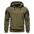 Details of mens tactical fleece hoodie with adjustable drawstrings and zippered pockets. - S / Army Green