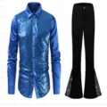 Men stylish blue sequin long sleeve shirt and black bell bottom pants outfit party club wear - S / Top And Bottom / Sapphire Blue