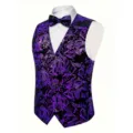 Men's purple gold foil paisley suit vest waistcoat with bow tie, slim fit formal casual. - S / Purple
