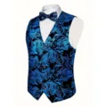 Men's Blue Paisley Suit Vest Formal Bronzing Waistcoat with Matching Bowtie Variant - S / Blue