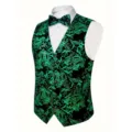 Men's green paisley suit vest with matching bow tie, stylish bronzing waistcoat for formal. - S / Green