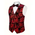 Men's red black paisley baroque waistcoat formal vest with bow tie for party wedding - Burgundy