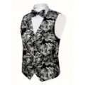 Mens black paisley suit vest variant, elegant formal business waistcoat for men and wedding. - Silver