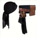 Ensemble foulard et ceinture de pirate médiéval avec sacoche en cuir pour costume - Taille unique / Noir