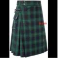 Men green black plaid utility kilt gothic punk tartan pleated cargo skirt with side pockets - S / Green