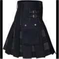 Detail shot of the stylish men's plaid pleated kilt showing the metal buckle and pocket design. - Gray & Black
