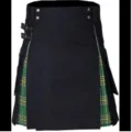 Men's Scottish tartan utility kilt with pleated green plaid side panels and metal buckles. - Green And Black