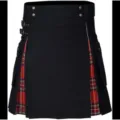Men's utility kilt tartan pleated skirt with side cargo pockets and metal buckles - Red and Black