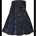 Men's stylish hybrid utility kilt featuring blue purple tartan plaid pleats and cargo pocket. - Purple and Black