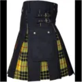 Men's utility kilt black tartan pleated skirt with cargo pockets and double buckle waist. - Yellow And Black