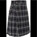 Close-up detail of the black and grey plaid utility kilt with cargo pockets and metal rings. - S / Gray