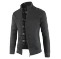 Men's knitted cardigan detail showing quilted front panel and stand collar design. - M / Black