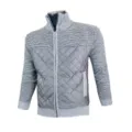 Men's grey knit zip cardigan with quilted front panel, high collar and warm winter design. - Light Gray