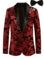 Men velvet sequin suit jacket with bow tie, red black vintage floral blazer for stage. - S / Red