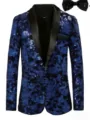 Men's blue sequin blazer jacket with black shawl lapel and matching bow tie for party stage. - S / Blue