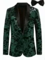 Men's green velvet sequin blazer detail view, elegant evening party and stage performance jacket. - S / Green