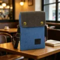 Detail shot of a stylish denim and tweed cross-body phone bag with metal hardware in a cozy café. - Medium Blue