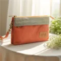 Sac de rangement cosmétique en toile multicouche couleur unie pochette femme chic - Orange Mode