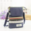 Ethnic style canvas crossbody phone bag with denim flap, lace trim, and adjustable strap. - Green Stripe - Ethnic Style 5 Layers